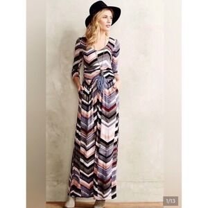 Maeve Anthropologie Chevron Maxi Dress V-Neck 3/4 Sleeve Multicolor Pink Large